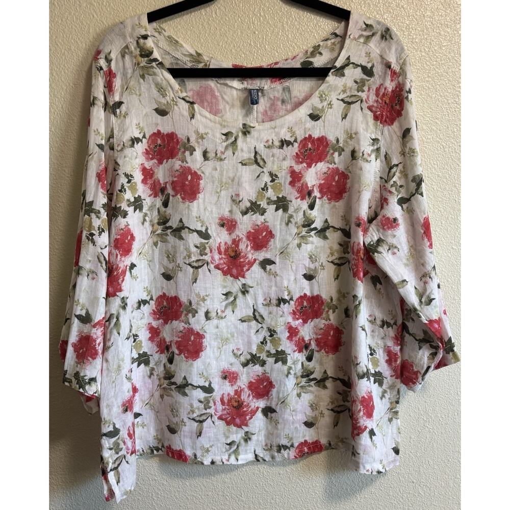 Inizio Made In Italy 100% Linen Blouse Pink Floral Lagenlook Resort Wear Size L - Picture 2 of 8